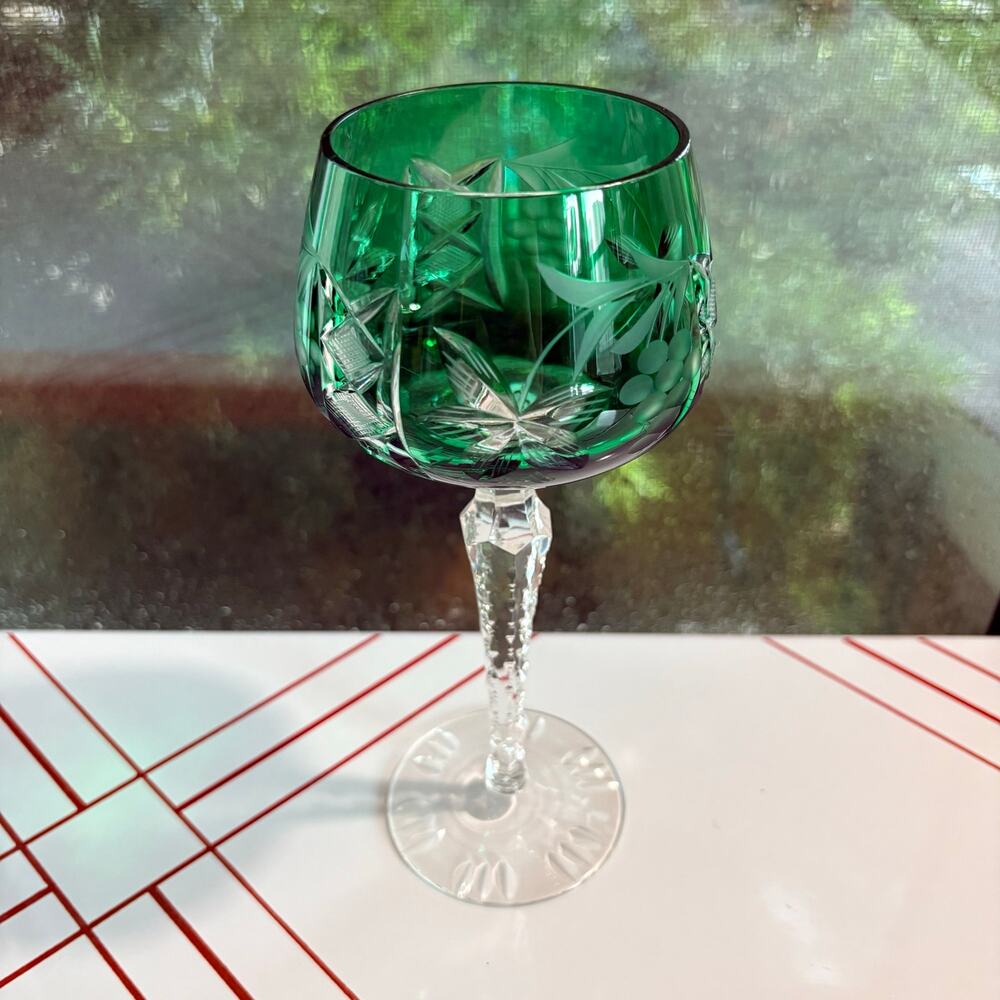 Vintage Nachtmann or Lausitzer Emerald Cut-to-Clear Crystal Wine Glass 8”